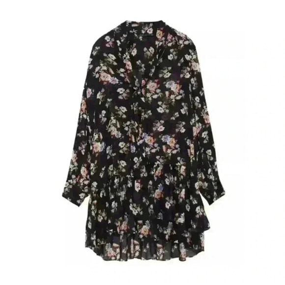 ZARA BLACK FLORAL SEMI SHEER CHIFFON TUNIC RUFFLE LAYERS DRESS MOCK NECK SIZE XS - Picture 3 of 14
